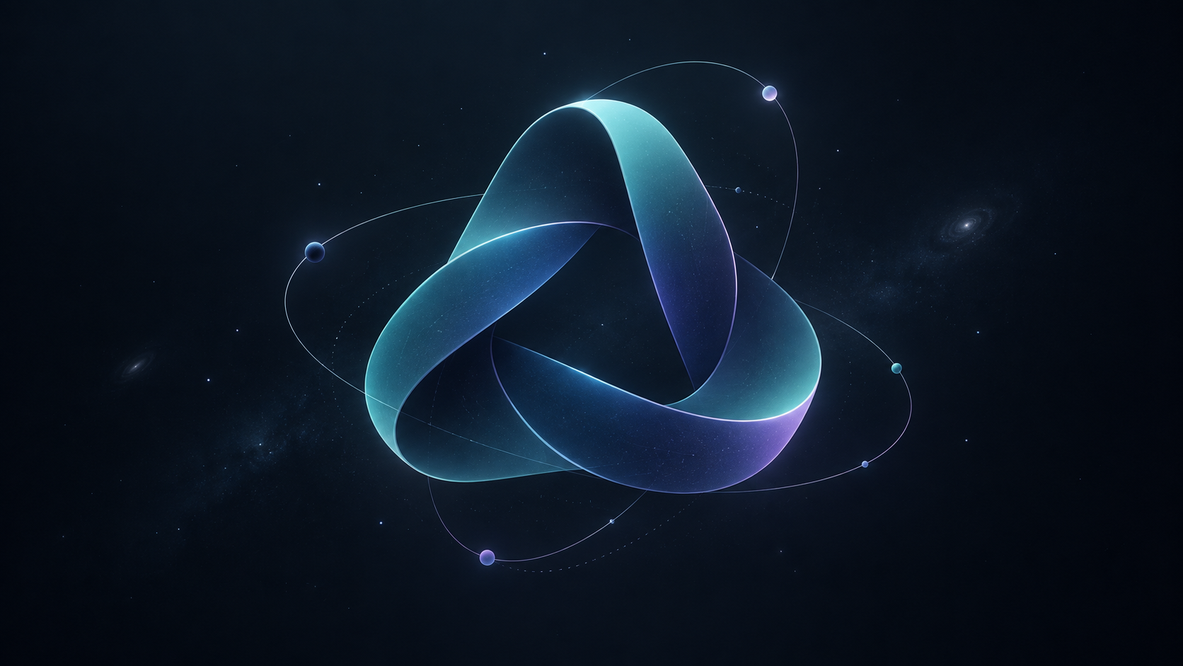 Abstract interwoven geometric loop with orbital relationship lines, representing interconnected systems and dependencies.